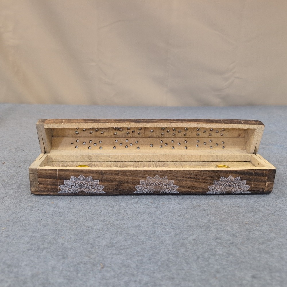 Wooden Incense Burner Box Mandala Floral Print Hinged Ash Catcher India 39408 - Picture 2 of 6